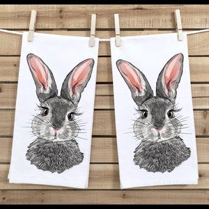 Easter Tea Towels, Set of 2, Gray Easter Bunny, 16x24 inches, microfiber